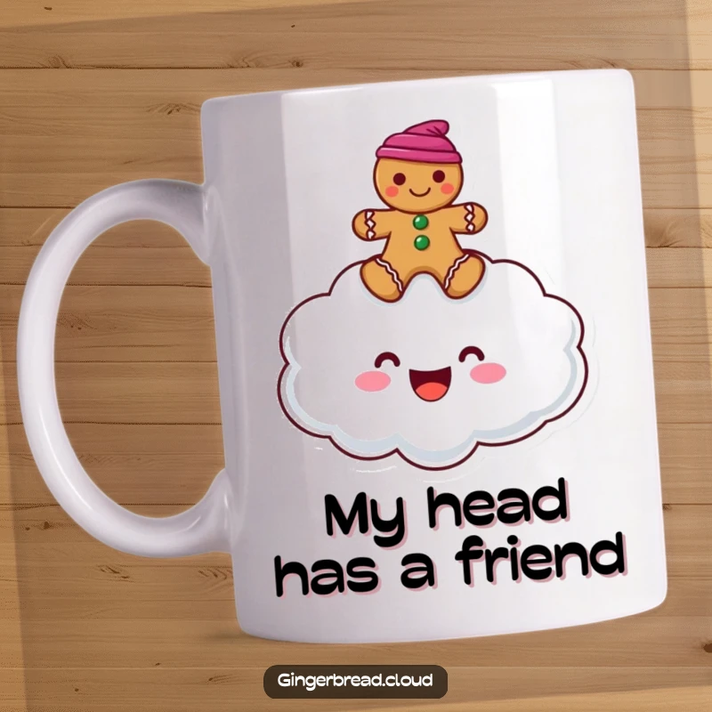 Funny mug showcasing a happy, smiling cloud character with a gingerbread man happily perched on its fluffy top.
