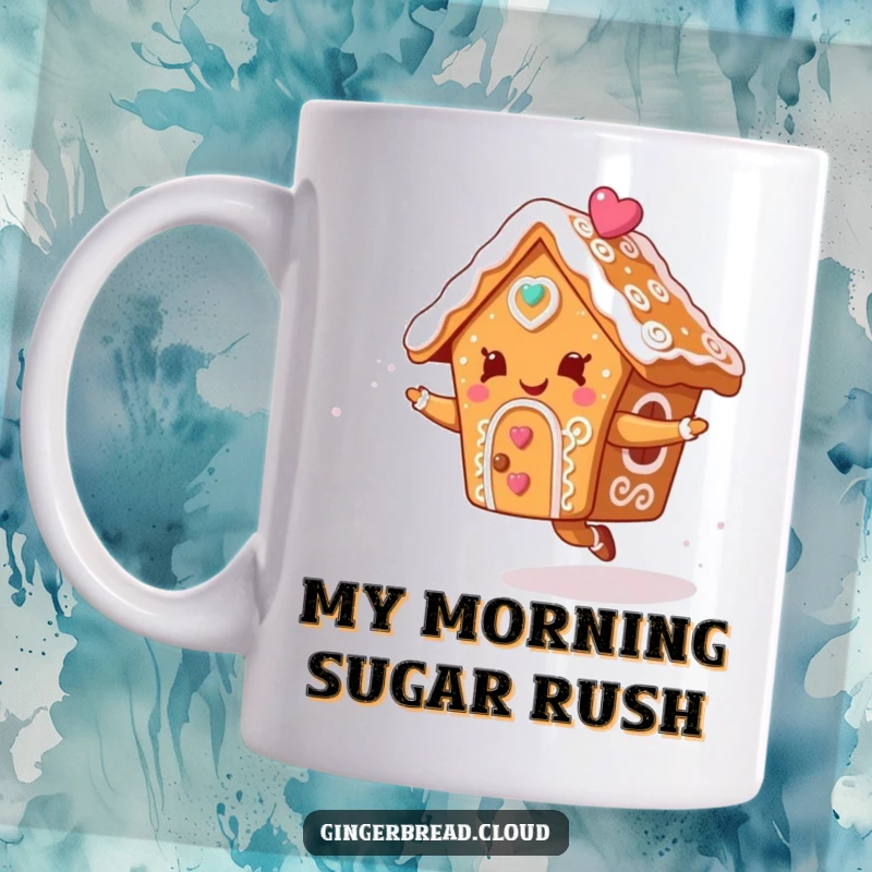 Funny mug featuring a gingerbread house with colorful icing swirls dancing merrily in a bright blue sky.