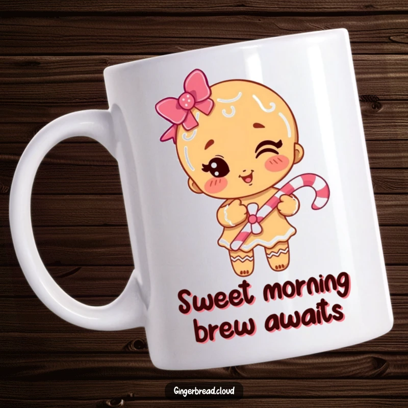 Funny gingerbread girl winking playfully and holding a candy cane, ready to spread holiday cheer on a ceramic mug.