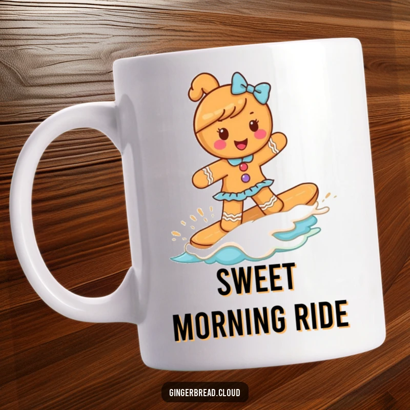 Funny gingerbread girl surfing a sweet frosting wave with a cheerful expression, perfect for a delightful and amusing gift.