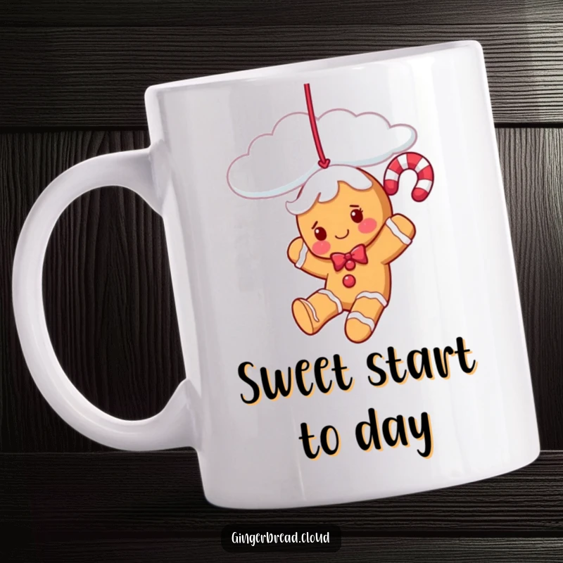 Funny gingerbread candy cane character playfully swinging from a cloud strand on a cheerful ceramic mug.