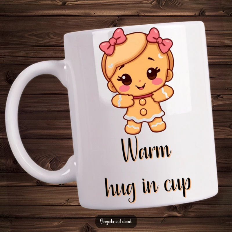 Funny happy gingerbread girl character offering a warm, sugary embrace on a delightful ceramic mug.