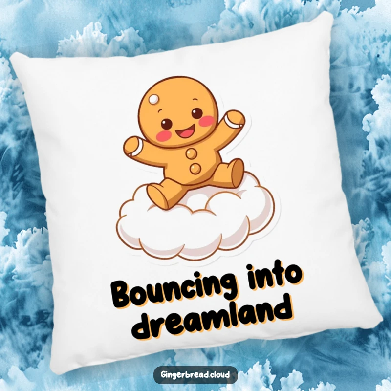 Funny gingerbread character bouncing on a plush cloud, printed on a soft decorative pillow.
