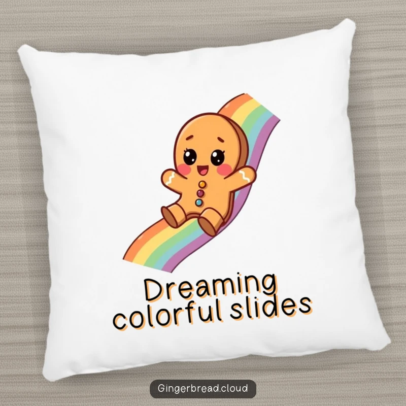 Funny pillow designed with a gingerbread cookie sliding down a rainbow with a surprised expression, offering comfort and holiday cheer.