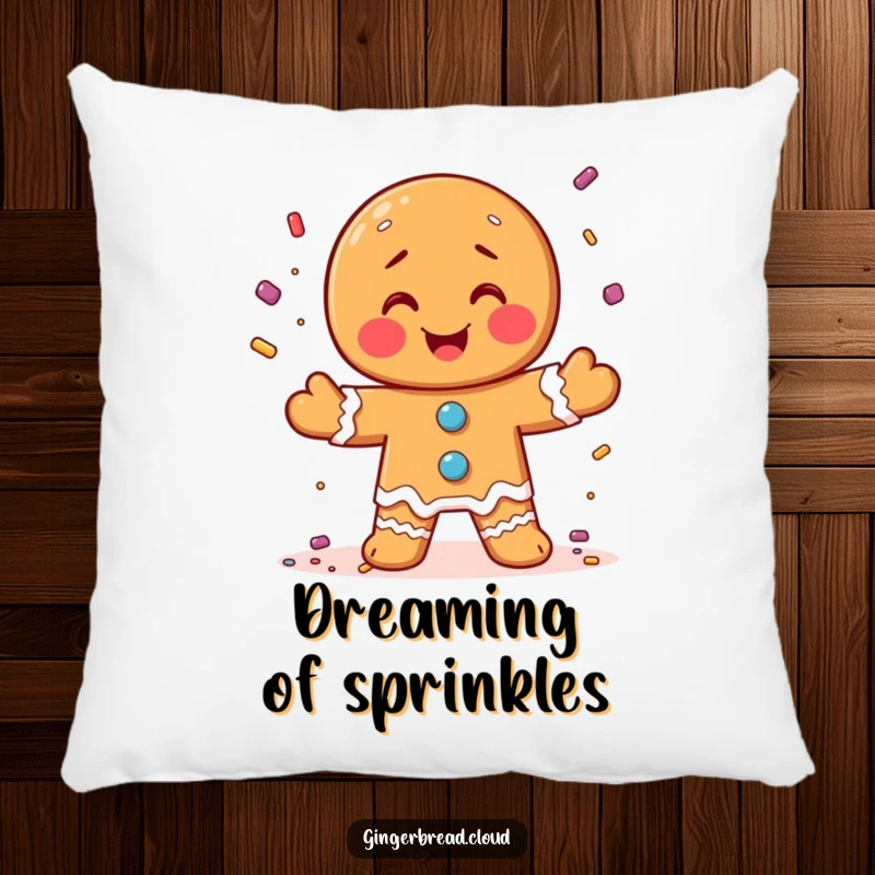 Funny pillow featuring a gingerbread man juggling candy sprinkles, adding a cheerful touch to any space.