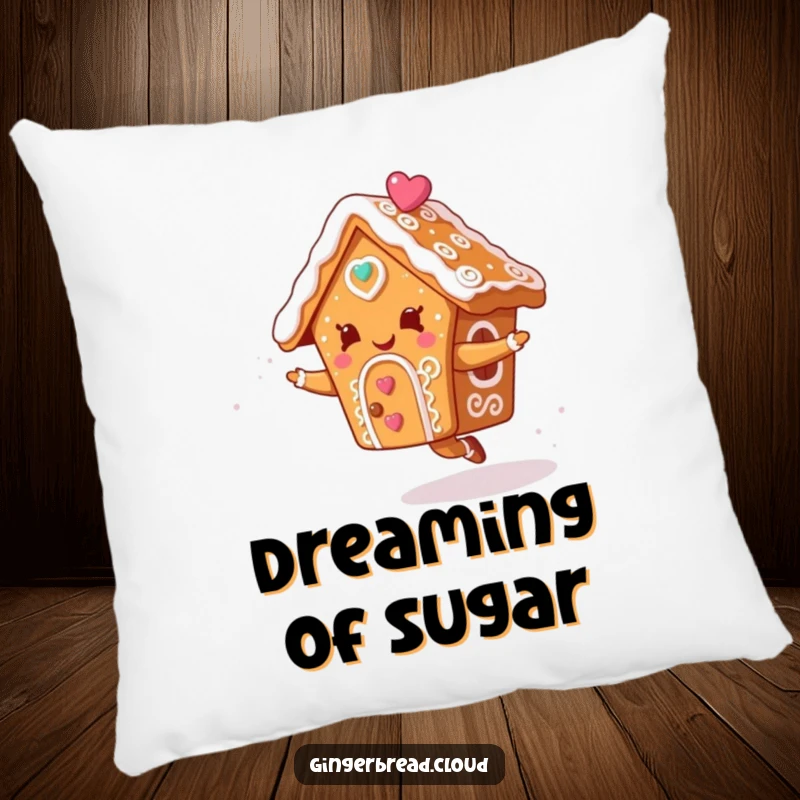 Funny pillow designed with a gingerbread house character dancing cheerfully in a sky adorned with swirling icing, offering cozy decor.