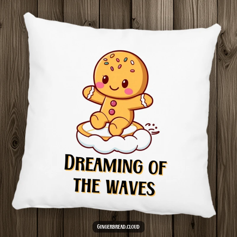Funny Pillow: Soft cushion featuring a cute gingerbread cookie with sprinkles, skillfully surfing on a cloud.