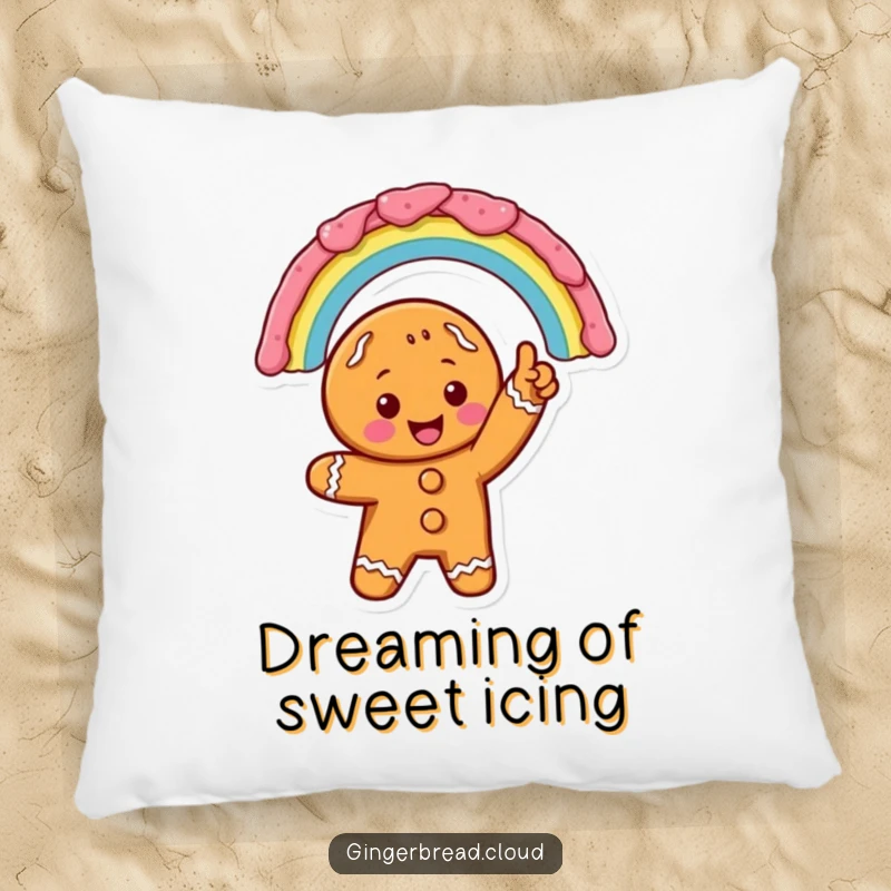Excited gingerbread character pointing at a soft icing rainbow, featured on a plush pillow for cheerful comfort and decor.