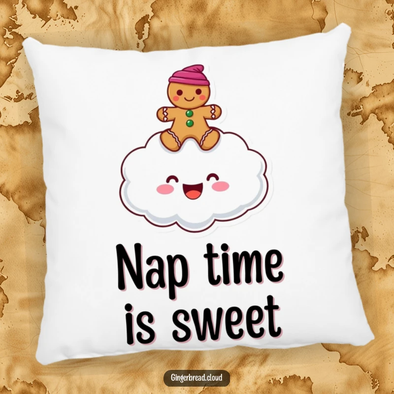 Funny pillow featuring a happy cloud character with a gingerbread man resting peacefully on its fluffy surface.