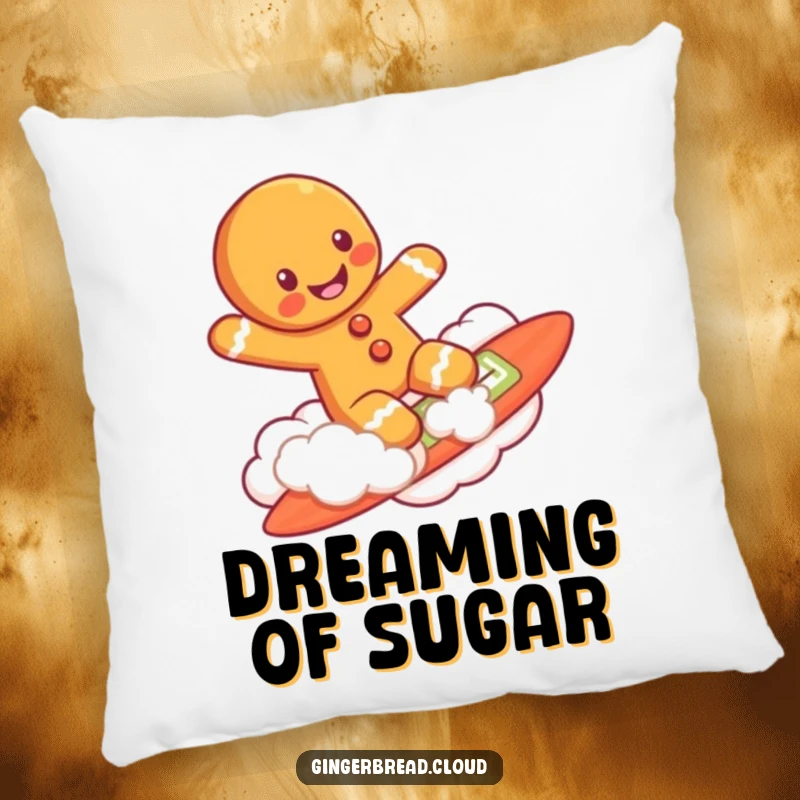 Funny gingerbread man character joyfully surfing on a fluffy cloud, featured on a soft, decorative pillow.