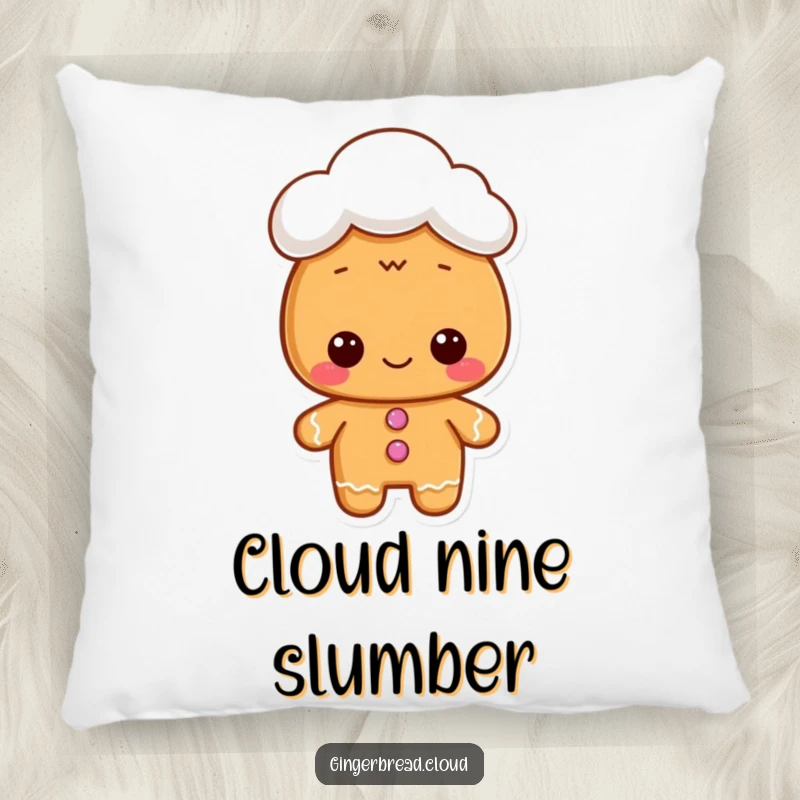 Funny pillow featuring a gingerbread character wearing a tiny cloud hat, adding whimsical charm and comfort to any room.