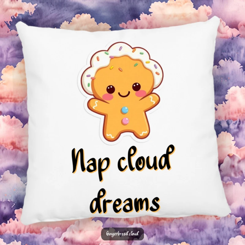 Funny pillow showcasing a cheerful gingerbread cloud character, complete with falling sprinkles for a cozy, sweet touch.