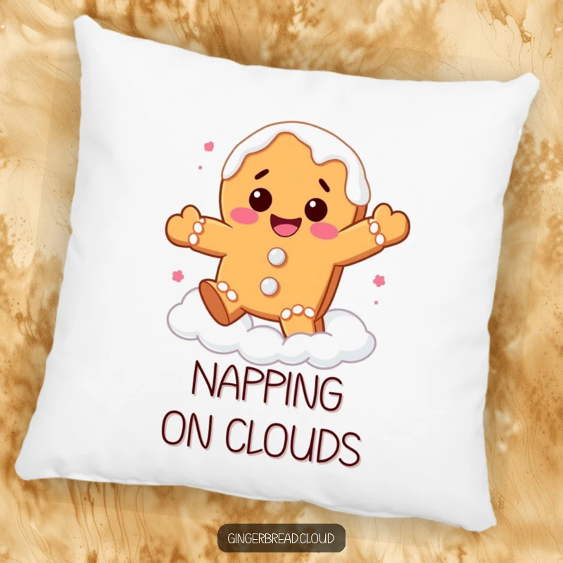 Funny gingerbread cookie pillow showing a happy character with icing drips bouncing playfully on soft clouds, offering ultimate sweet comfort.