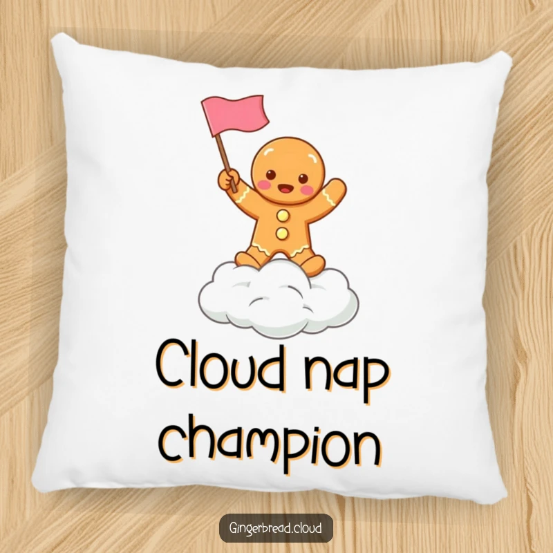 Funny decorative pillow featuring a gingerbread character waving a flag from atop a cloud, adding holiday cheer to any room.