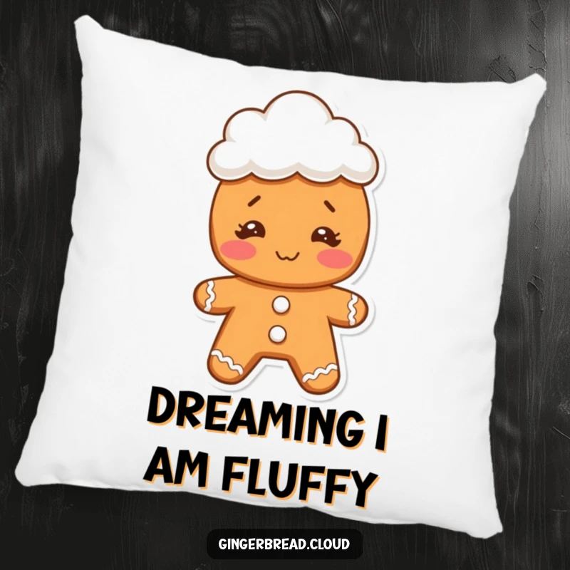 Funny gingerbread cookie character with a funny face, wearing a small cloud hat, featured on a soft pillow for cheerful decor.
