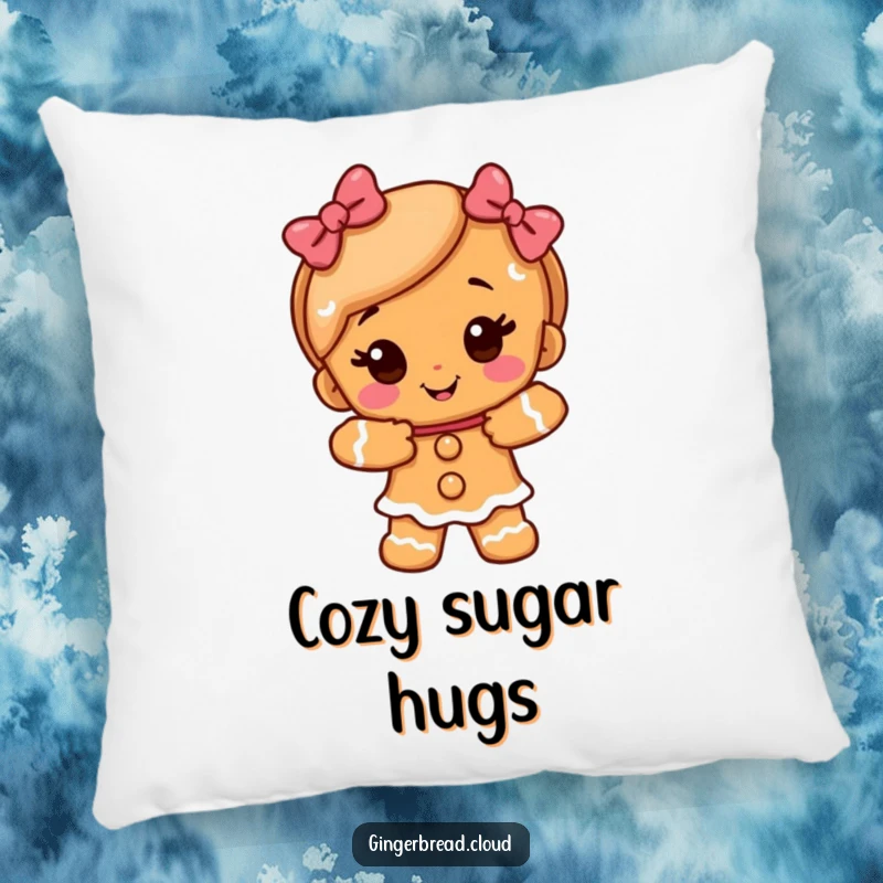 Funny gingerbread girl offering a warm, sugary embrace, featured on a soft, decorative pillow.