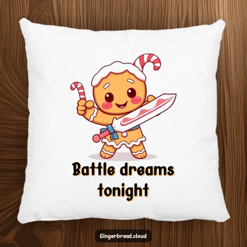 Funny pillow featuring a gingerbread knight with a candy cane sword, posed heroically for maximum comfort.