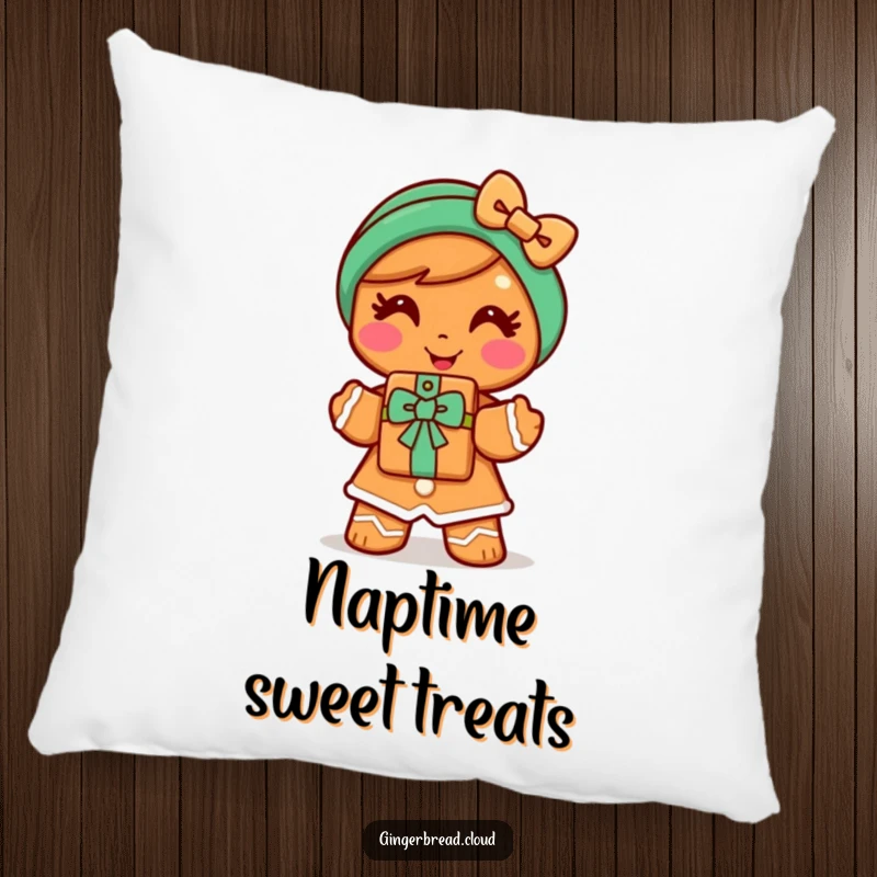 Funny gingerbread woman pillow showing a happy character offering a cookie gift with a smile, offering ultimate sweet and comforting softness.