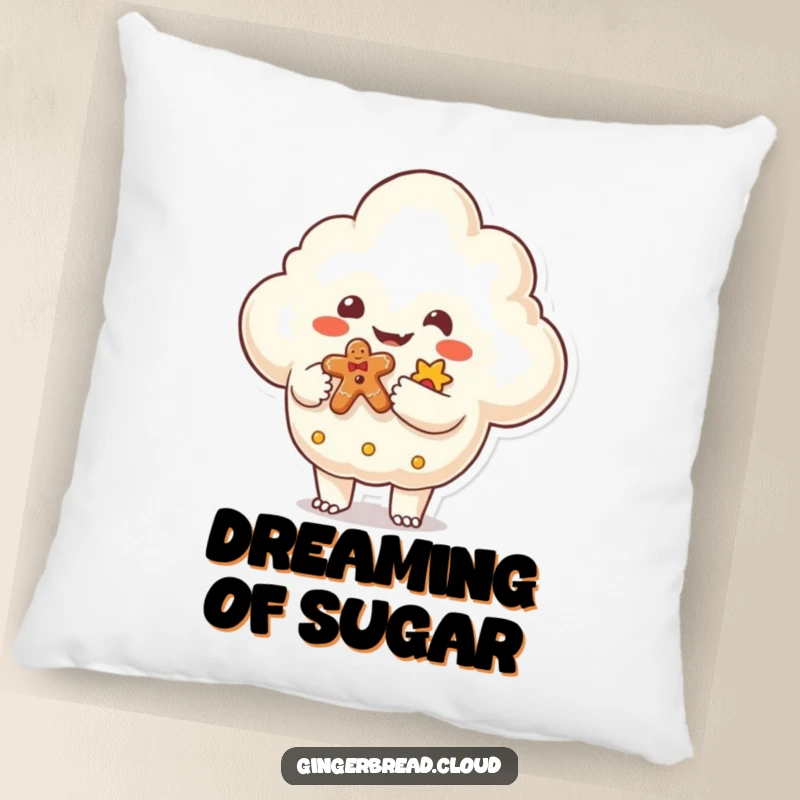 Funny Pillow designed with a friendly monster shaped cloud offering a gingerbread gift, providing cozy comfort and whimsical fantasy art.