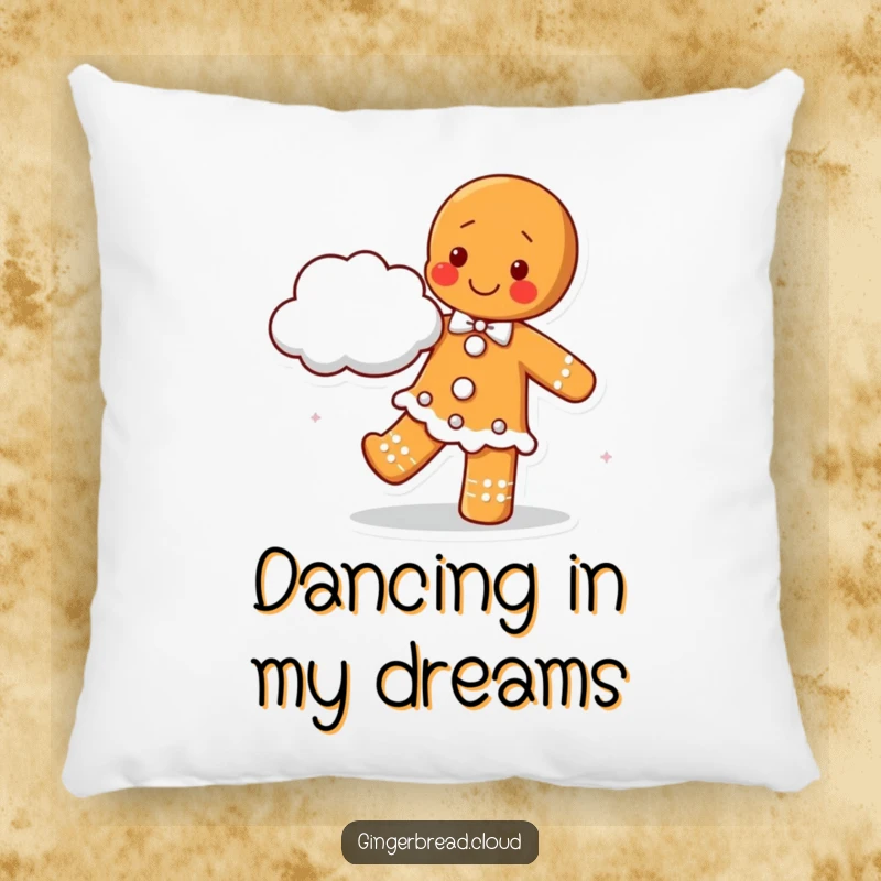 Happy gingerbread character dancing with a soft cloud partner, featured on a plush pillow for cheerful comfort and decor.