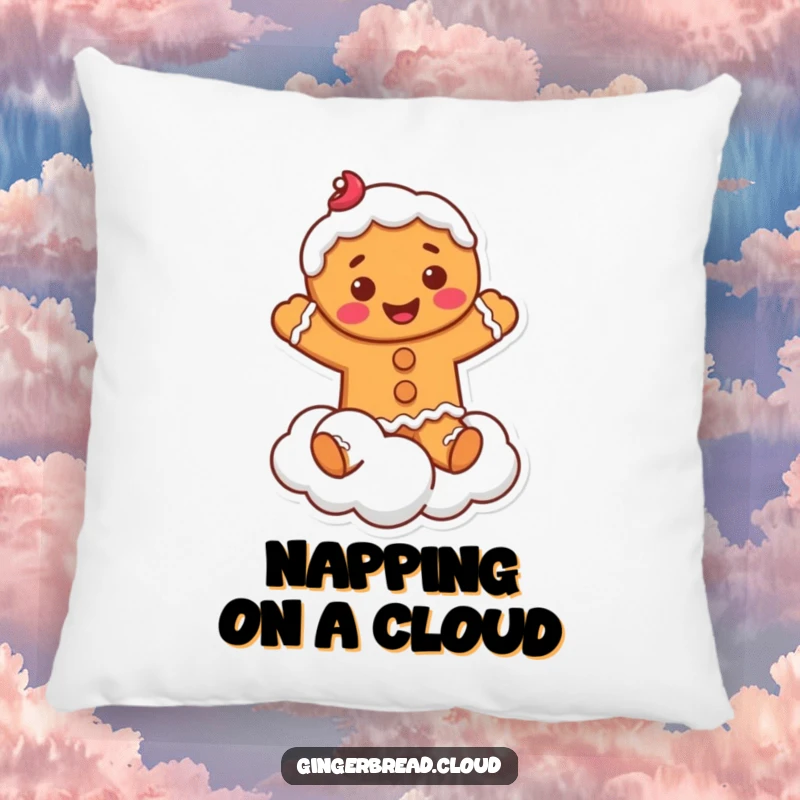 Funny Pillow: Soft cushion featuring a smiling gingerbread man with frosting, playfully jumping on a fluffy cloud.
