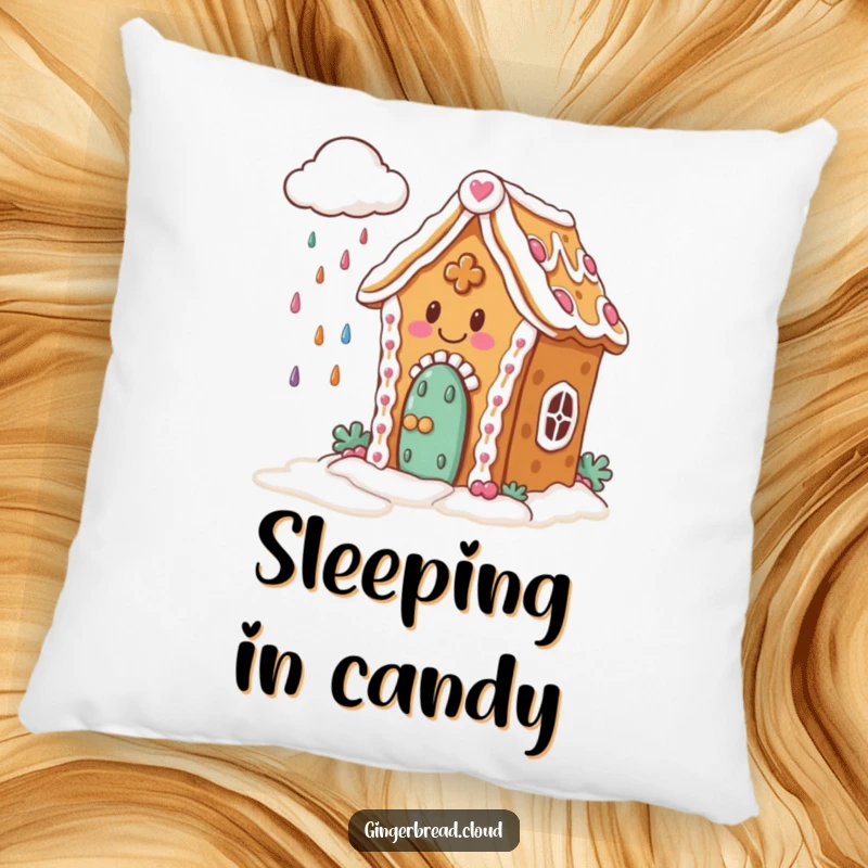 Funny Pillow: Soft cushion featuring a happy gingerbread house with icing, watching a cloud rain colorful candies.