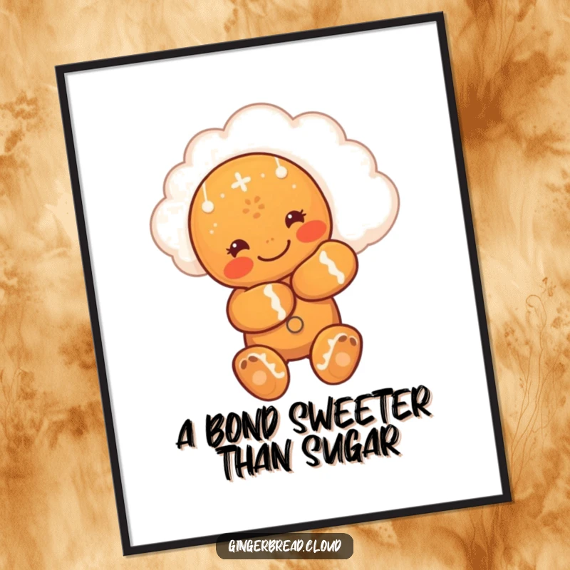 Funny digital art of a cute gingerbread man hugging a smiling cloud, offering a burst of warmth and affectionate joy.