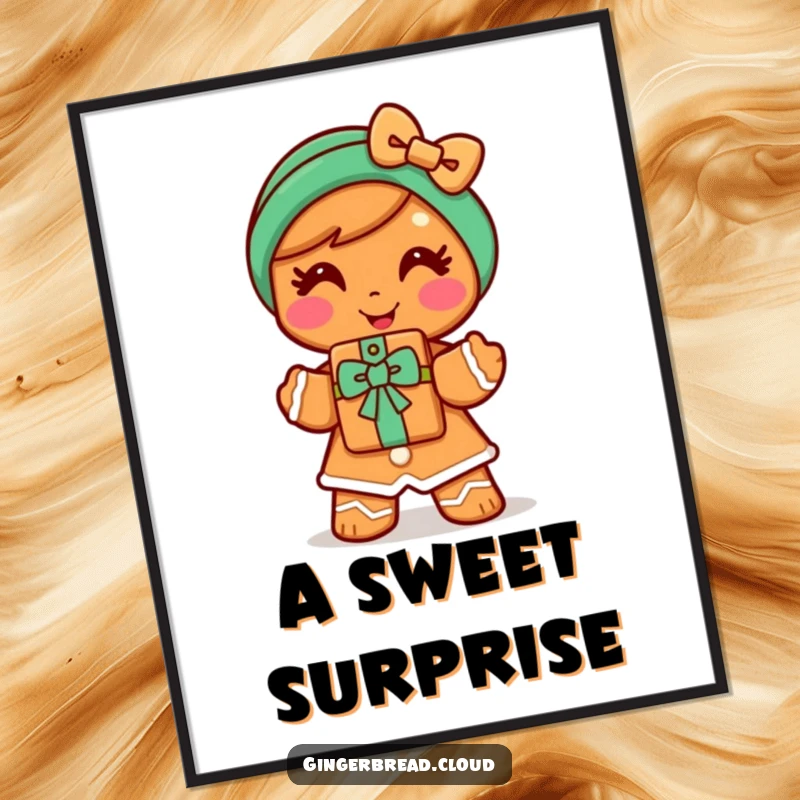 Funny gingerbread woman digital art print of a cheerful character offering a cookie gift with a smile, embodying warmth and sweetness decor.
