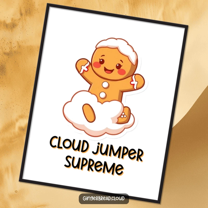 Funny Gingerbread Man Digital Art Print: A joyful gingerbread man jumps on a cloud, offering a festive and funny digital decoration.