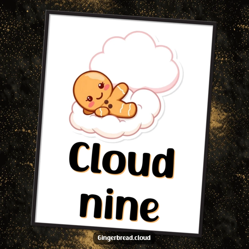 Funny gingerbread digital art print of a cute character sliding down a fluffy cloud, perfect for sweet decor.