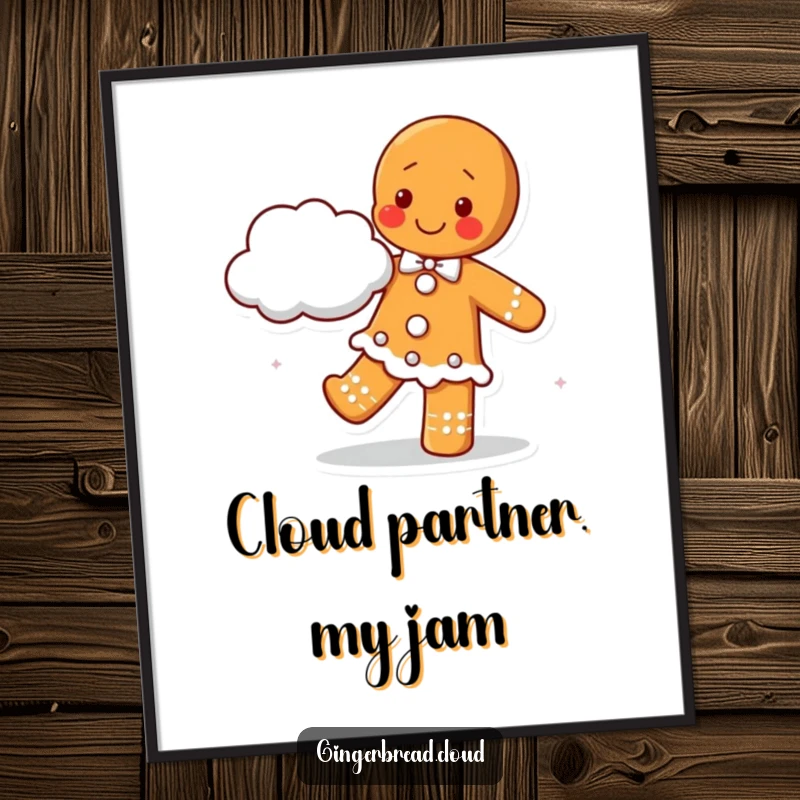 Happy gingerbread cookie character dancing with a fluffy cloud partner, as digital art for cheerful online or screen display.