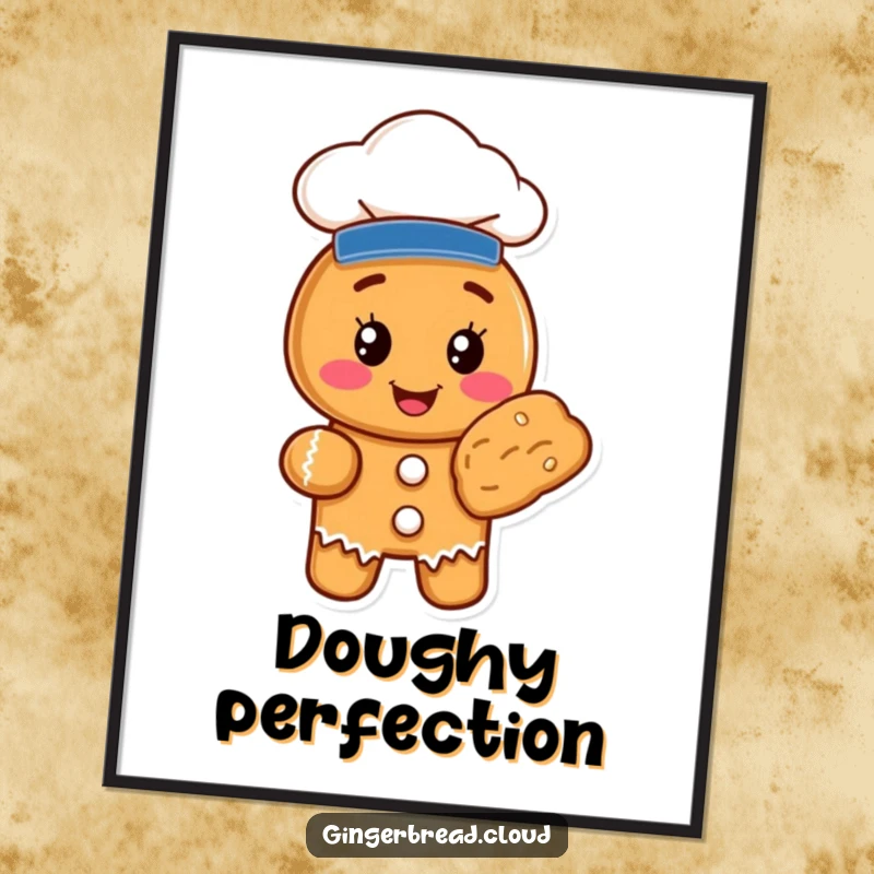 Funny gingerbread cookie character in a chef hat presenting a baked good, as a digital art print for instant wall decor.