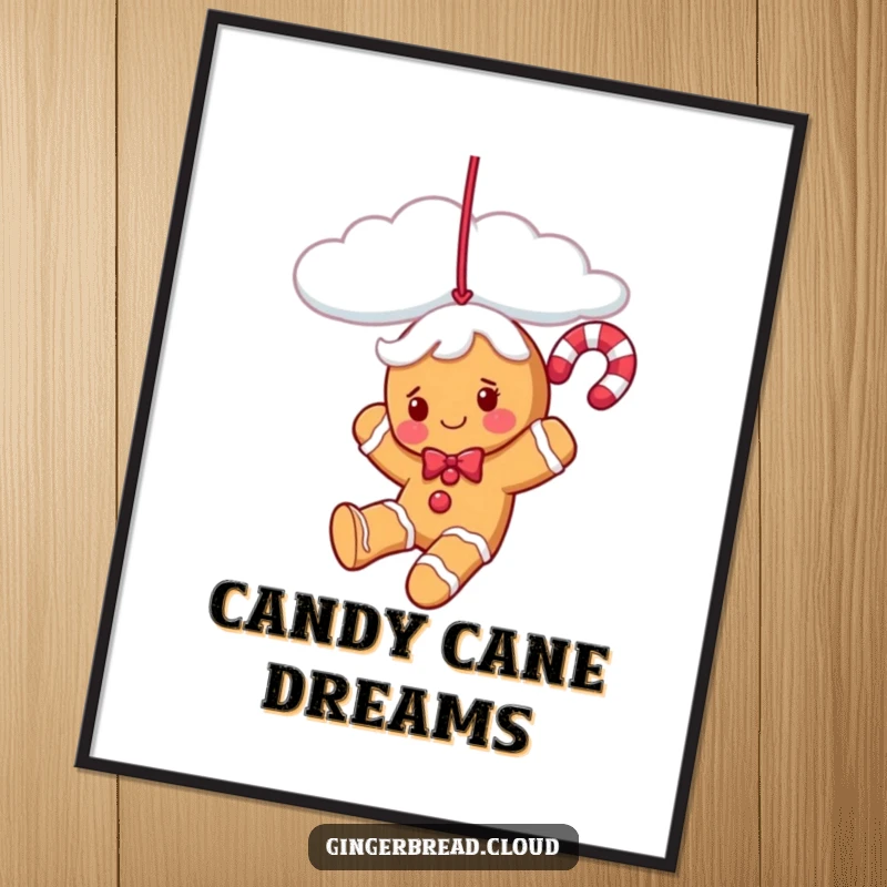 Funny gingerbread candy cane character swinging from a cloud strand, as a digital art print for instant holiday decor.