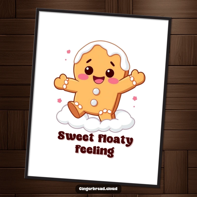 Funny gingerbread cookie digital art print of a character with frosting drips joyfully bouncing on white clouds, offering whimsical decor.