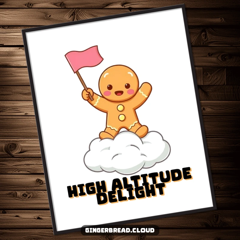 Funny digital art print of a gingerbread character proudly waving a flag from a cloud, perfect for festive wall decor.