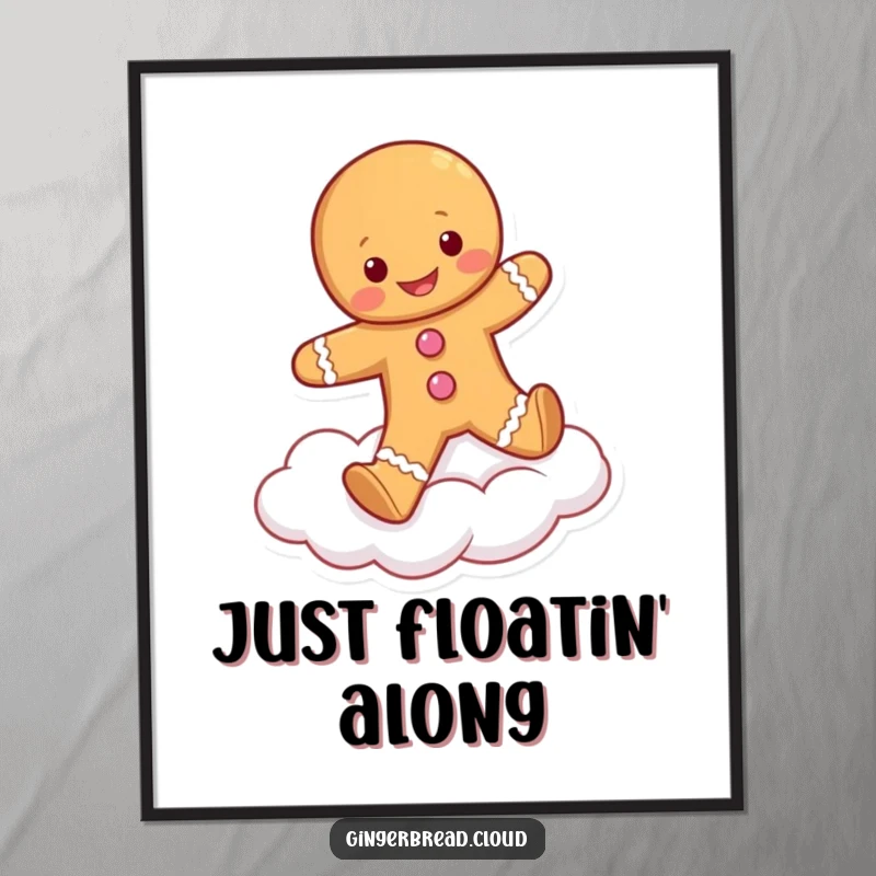 Funny digital art of a gingerbread person skipping happily on a cloud, offering a delightful burst of joy for any screen.