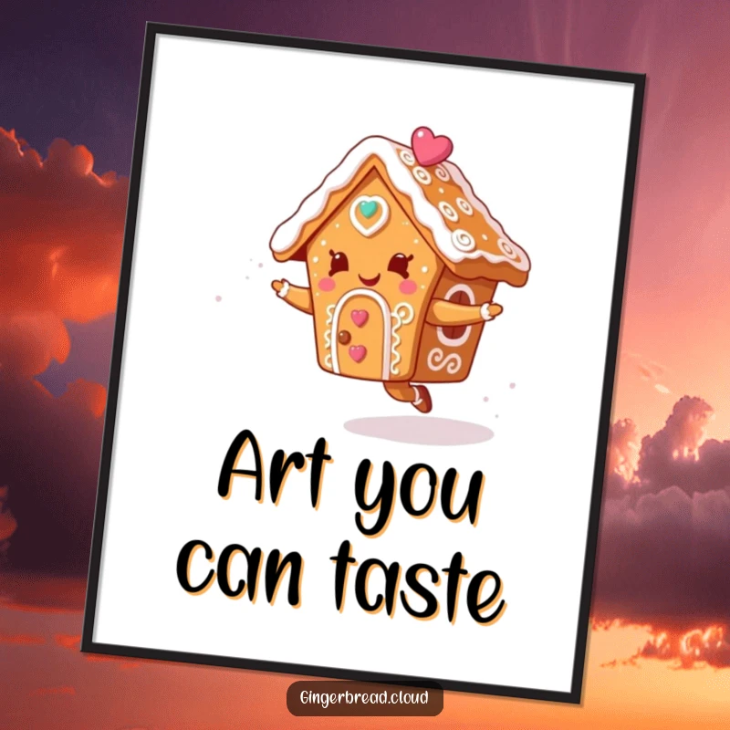 Funny digital art print of a gingerbread house with icing swirls dancing merrily in a festive sky, perfect for screen savers or digital displays.