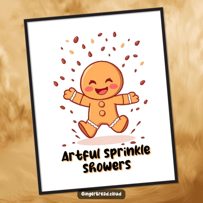 Funny gingerbread man digital art print, a joyful character mid-leap through chocolate sprinkles, vibrant and festive.