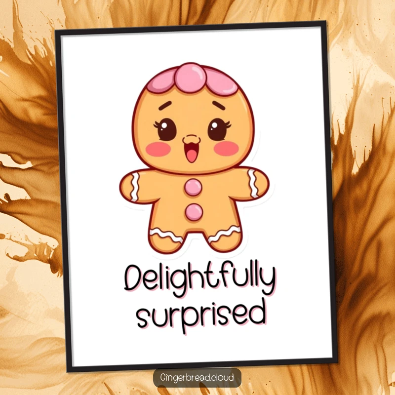 Funny digital art print of a gingerbread character with frosting buttons, showing a surprised and delighted expression.