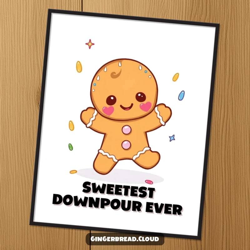 Funny digital art print of a gingerbread character catching sprinkle-shaped raindrops, perfect for adding sweet and humorous decor.