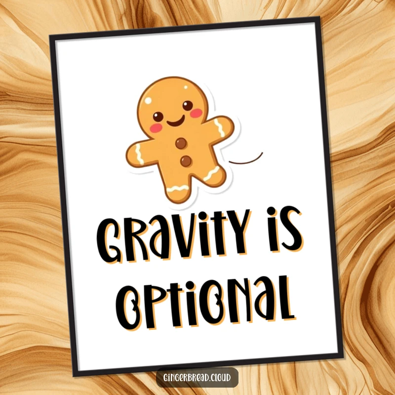 Funny digital art of a smiling gingerbread cookie floating on a wind gust, conveying a sense of freedom and happiness.