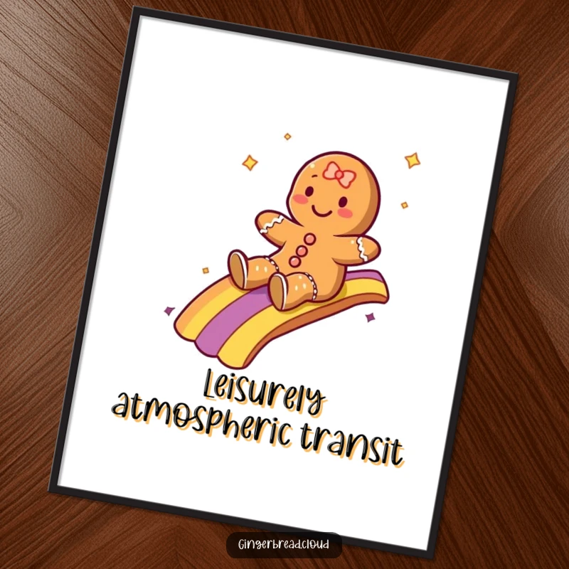 Funny digital art of a gingerbread character sliding gleefully down a rainbow, offering a burst of magic and happiness.