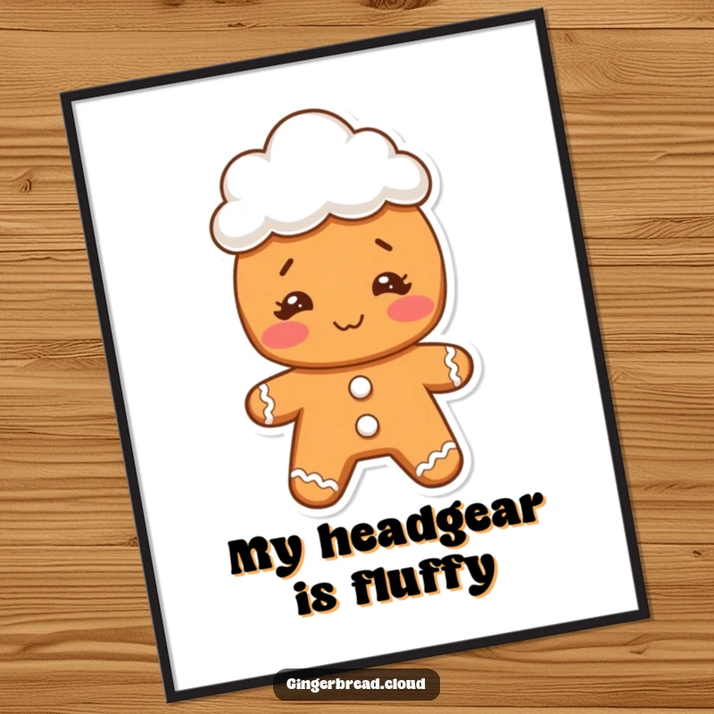 Funny gingerbread character with a silly expression, wearing a tiny cloud hat, as digital art for humorous online or screen display.