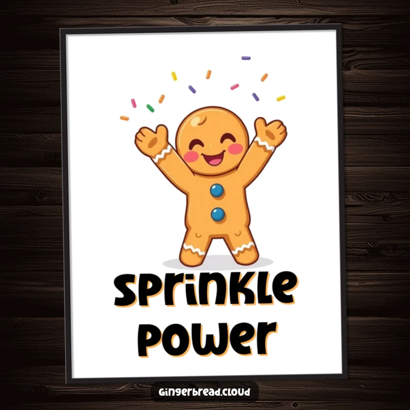 Funny gingerbread digital art print of a smiling character joyfully juggling bright, colorful sprinkles, perfect for decor.