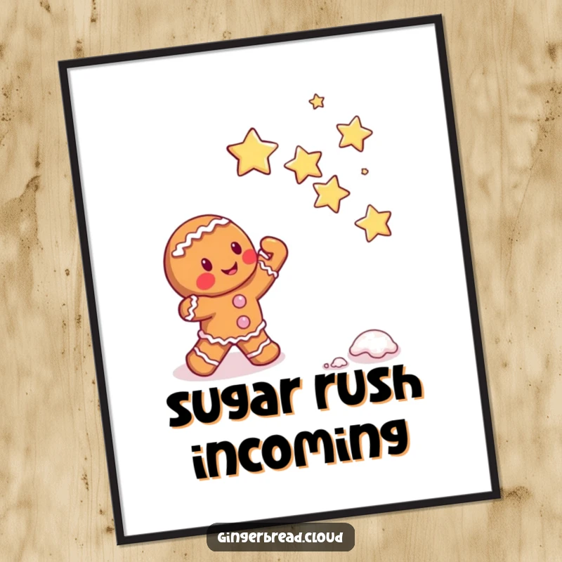 Funny gingerbread character attempting to catch falling sugar stars, whimsical digital art print, magical and inspiring design.