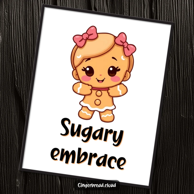 Funny gingerbread girl character offering a warm, sugary embrace, as a digital art print for instant, heartwarming decor.