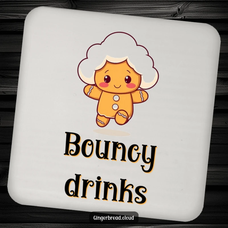 Funny drink coaster showcasing a gingerbread cloud character bouncing playfully, adding a touch of fun to surfaces.