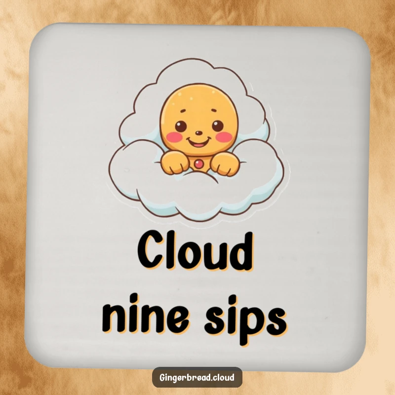 Funny coasters with a gingerbread cookie peeking from a cloud, a cheerful grin adding charm.