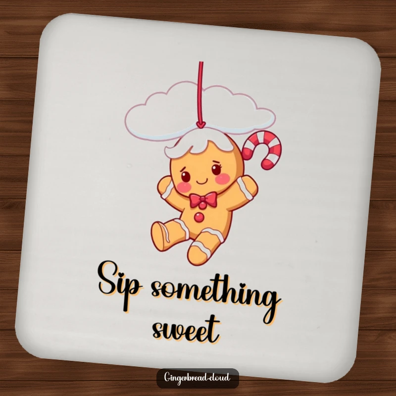 Funny gingerbread candy cane character swinging from a cloud strand, depicted on protective drink coasters.