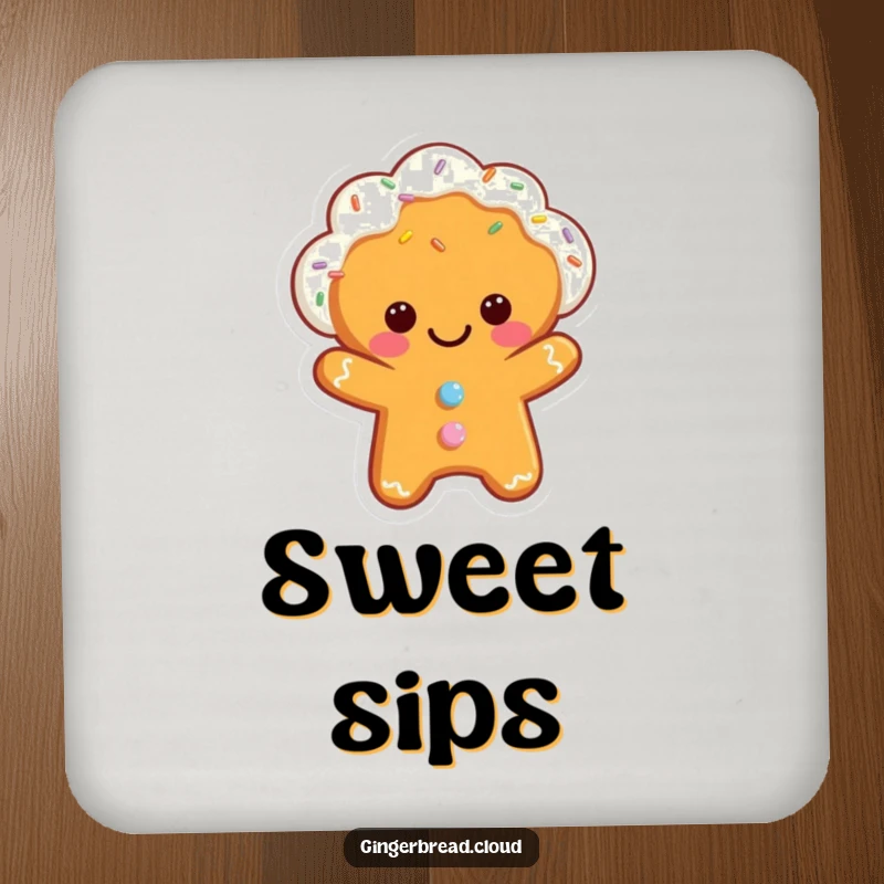 Funny drink coaster featuring a smiling gingerbread cloud, adding a sweet, sprinkle-filled touch to any table setting.